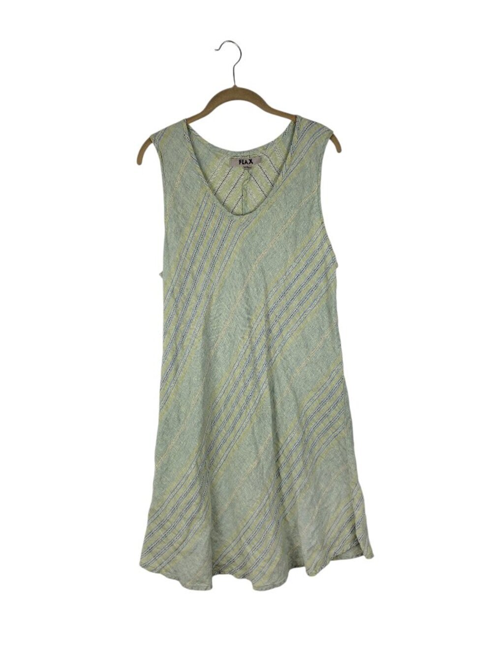 Flax Bias Cut Sleeveless Knee Length Linen Dress Green Blue Stripe Womens Large